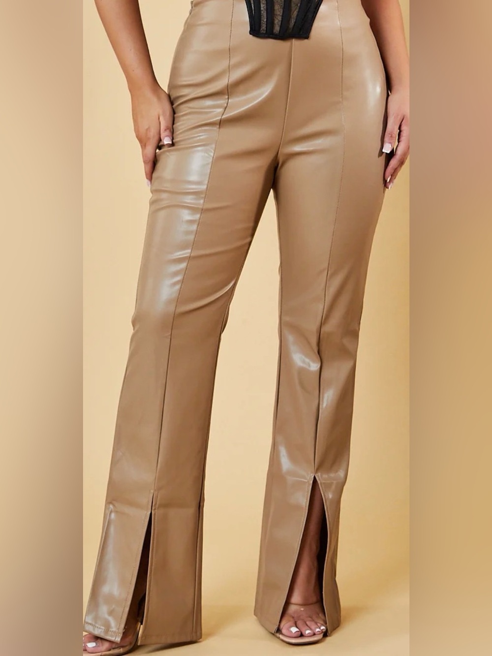 Tinseltown Tan Faux Leather Flared Pants with Front Seams